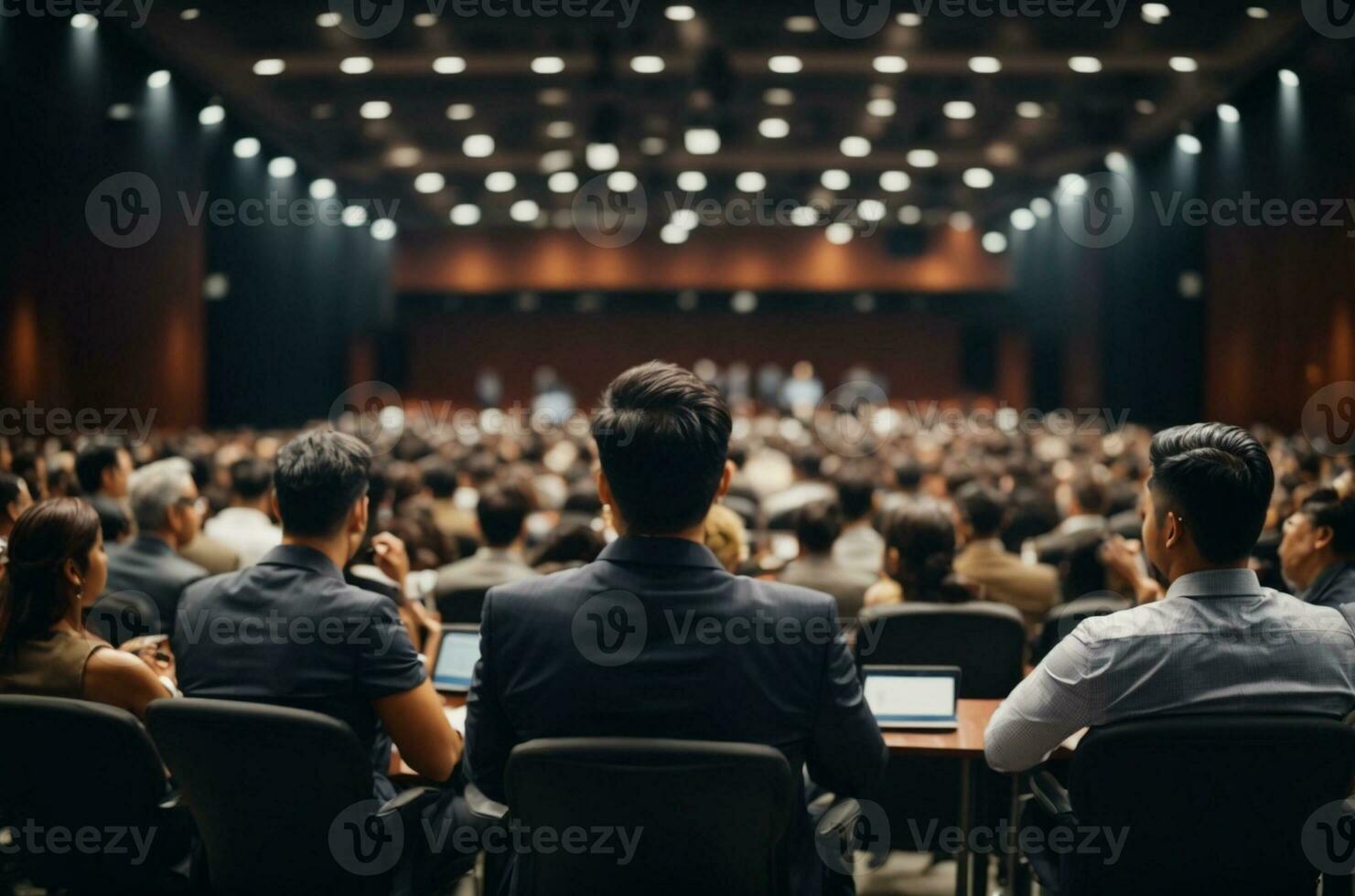 företag och företagande symposium. högtalare ger en prata på företag möte. publik i konferens hall., ai generativ foto