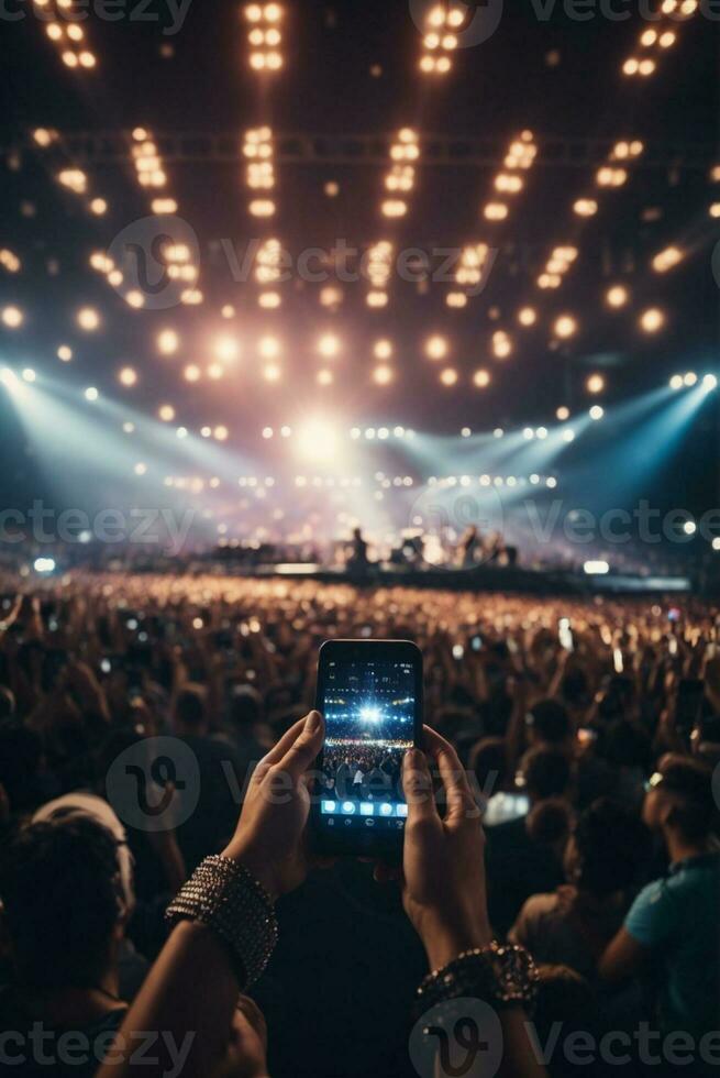 konsert folkmassan i främre av en ljus skede med lampor och rök. ai generativ foto