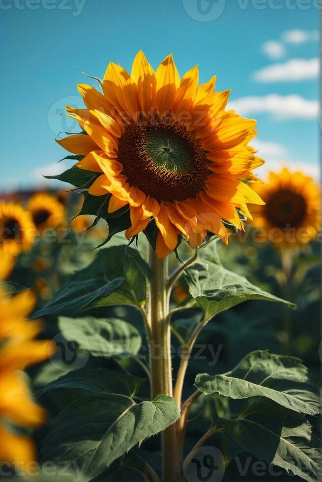 solros fält med blå himmel bakgrund. solros blomning i sommar. ai generativ foto