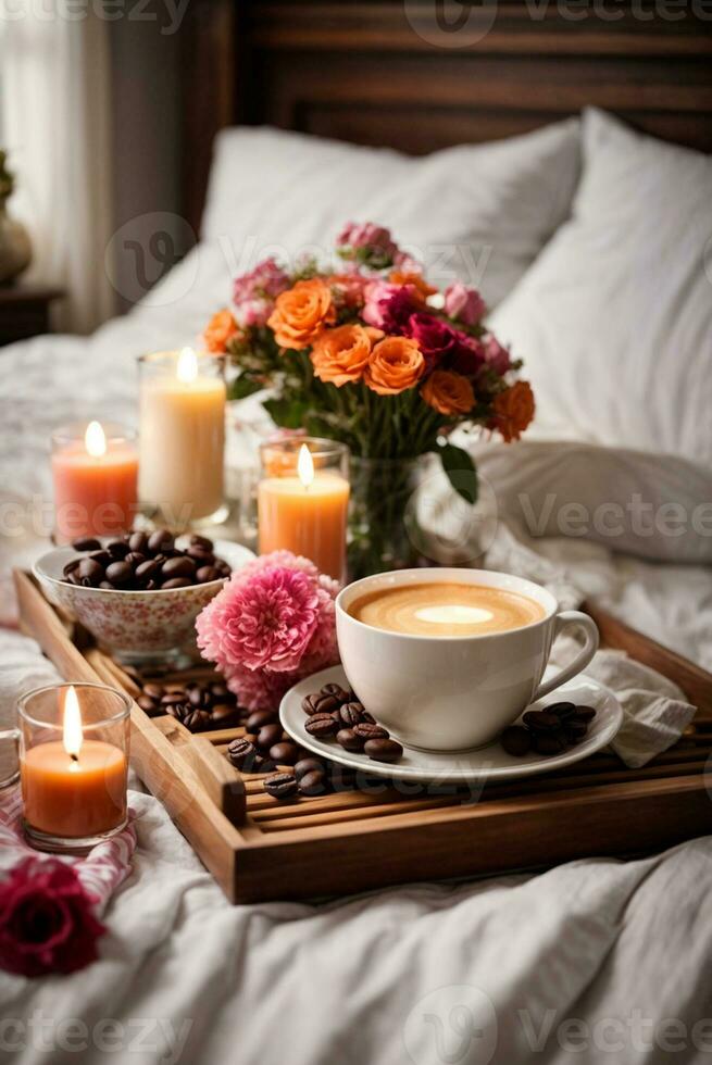romantisk frukost i säng med kaffe, reste sig blommor, ljus och kaffe bönor, ai generativ foto
