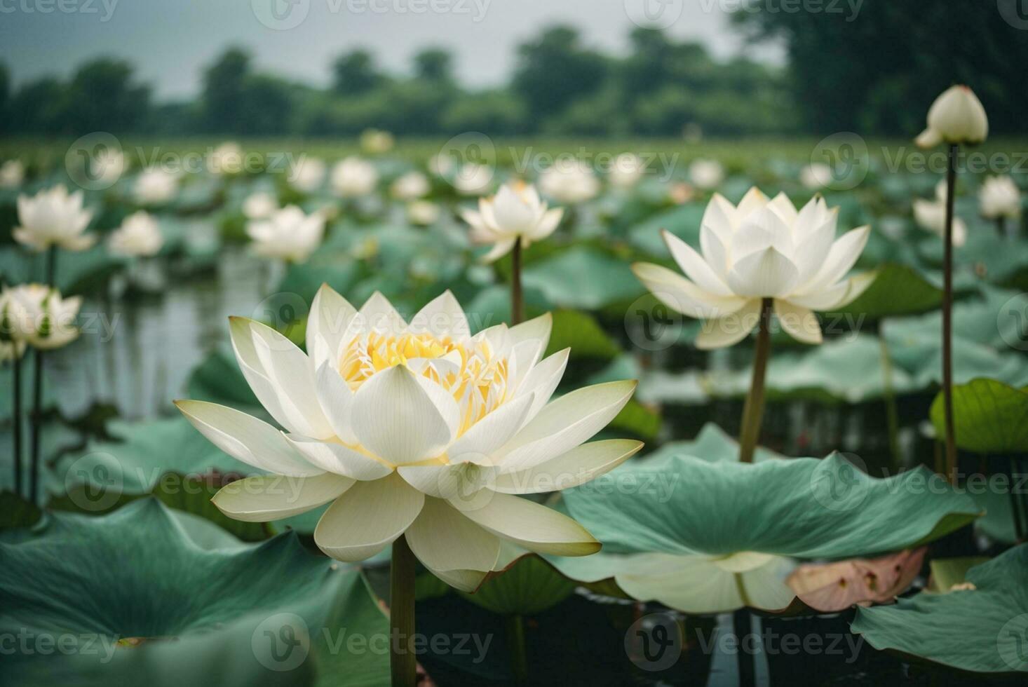 skön vit lotus blomma blomning i de damm med solljus. ai generativ foto