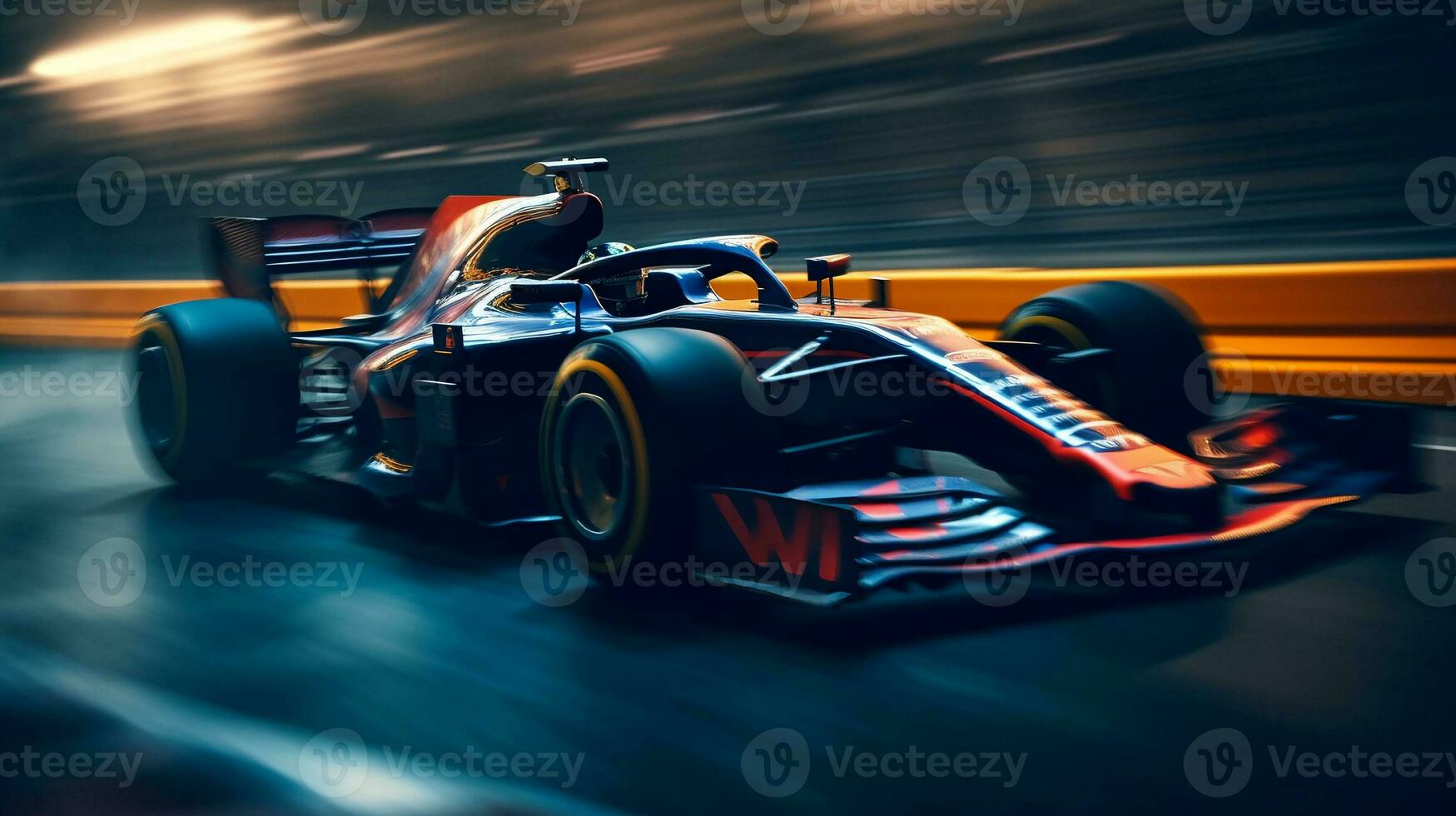 hög hastighet lyx formel 1 bil löpning på en modern racerbana. skapas med generativ ai foto