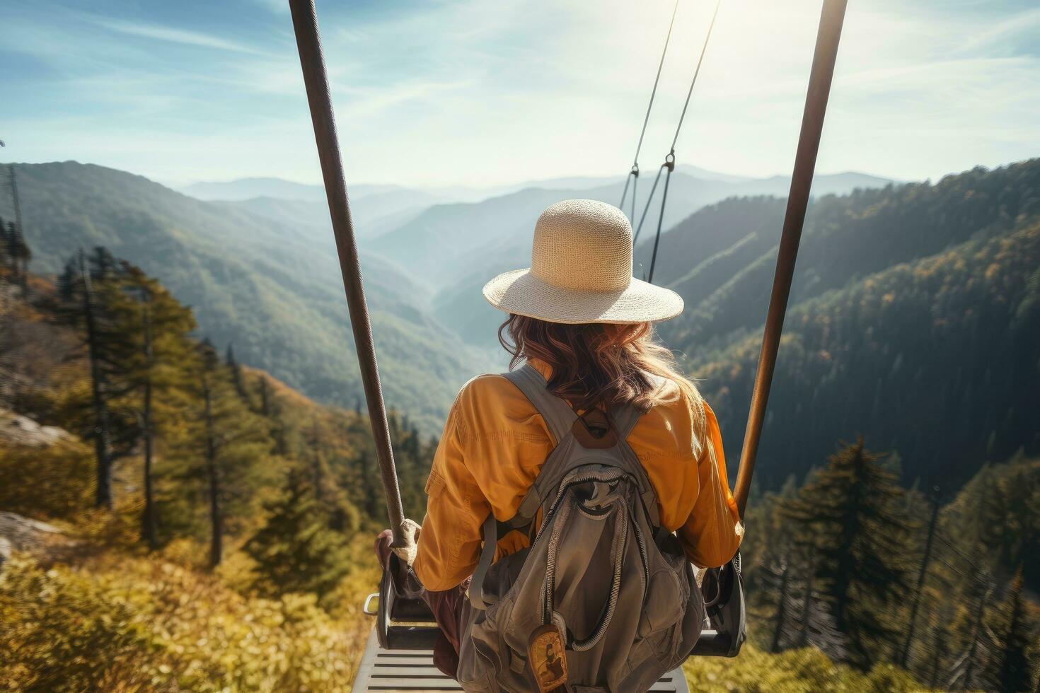 en ung kvinna i en hatt och med en ryggsäck är gående på en suspension bro i de berg, vandrare kvinna ridning en vagn zipline på de fjäll, bak- se, Nej synlig ansikten, ai genererad foto