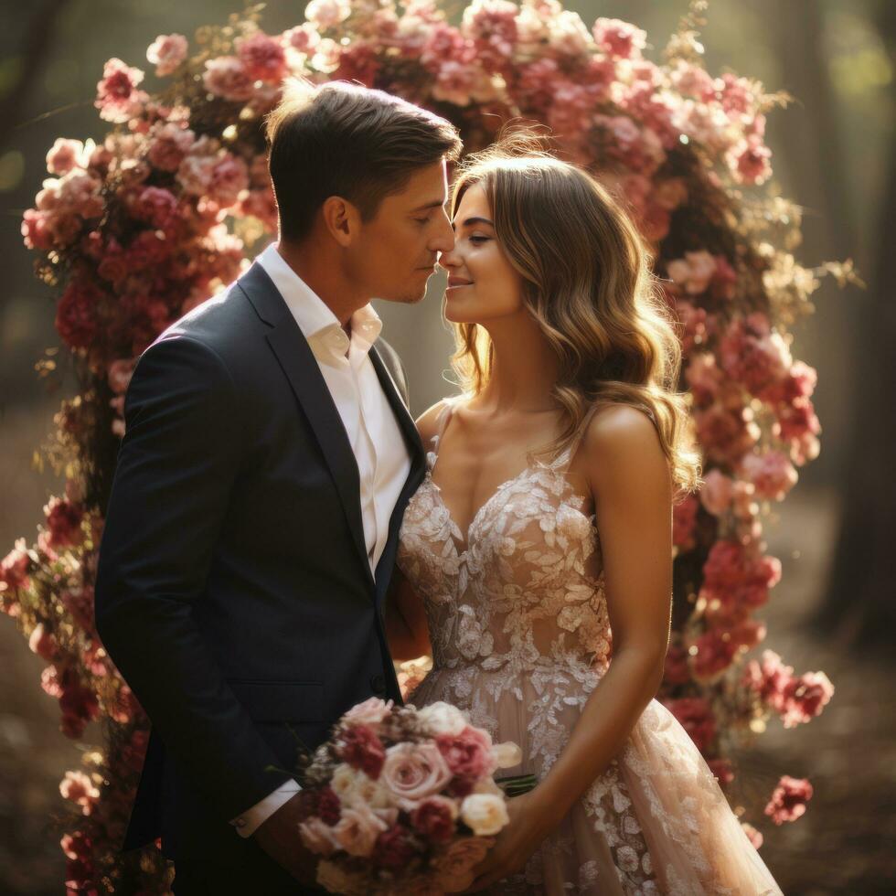 Lycklig nygifta kissing under en skön blommig båge foto