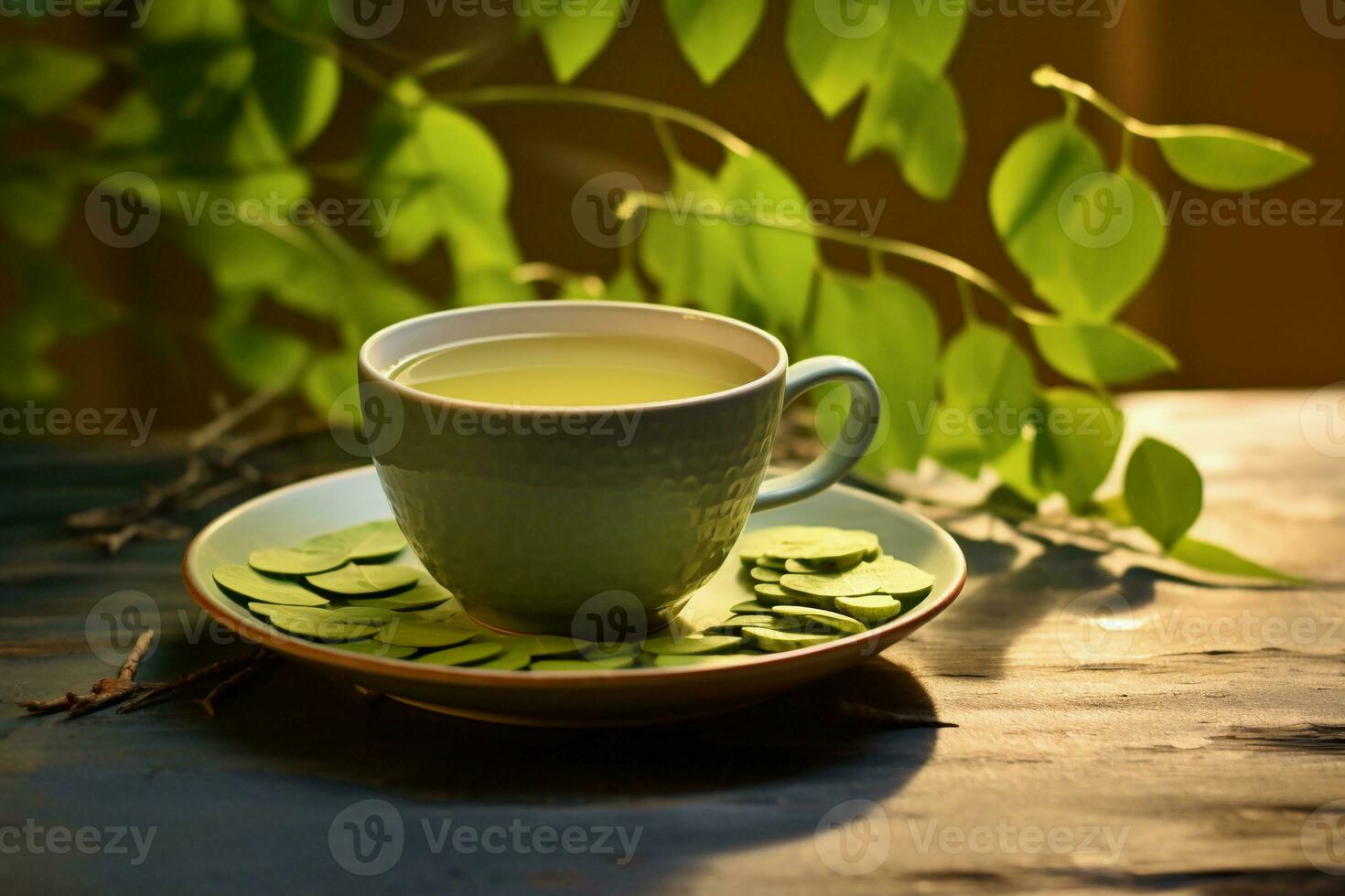 kopp av moringa ört- te på de tabell med färsk löv. ai genererad. foto