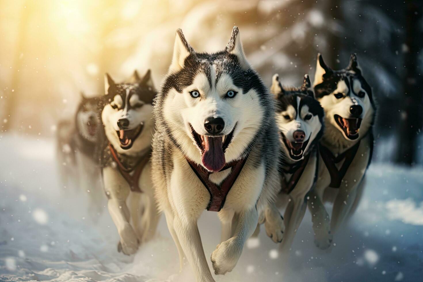 sibirisk hes hundar löpning i de snö. hes kälke hund tävlings, hes kälke hund tävlings. vinter- konkurrens. sibirisk hes hundar dra kälke med förare, ai genererad foto