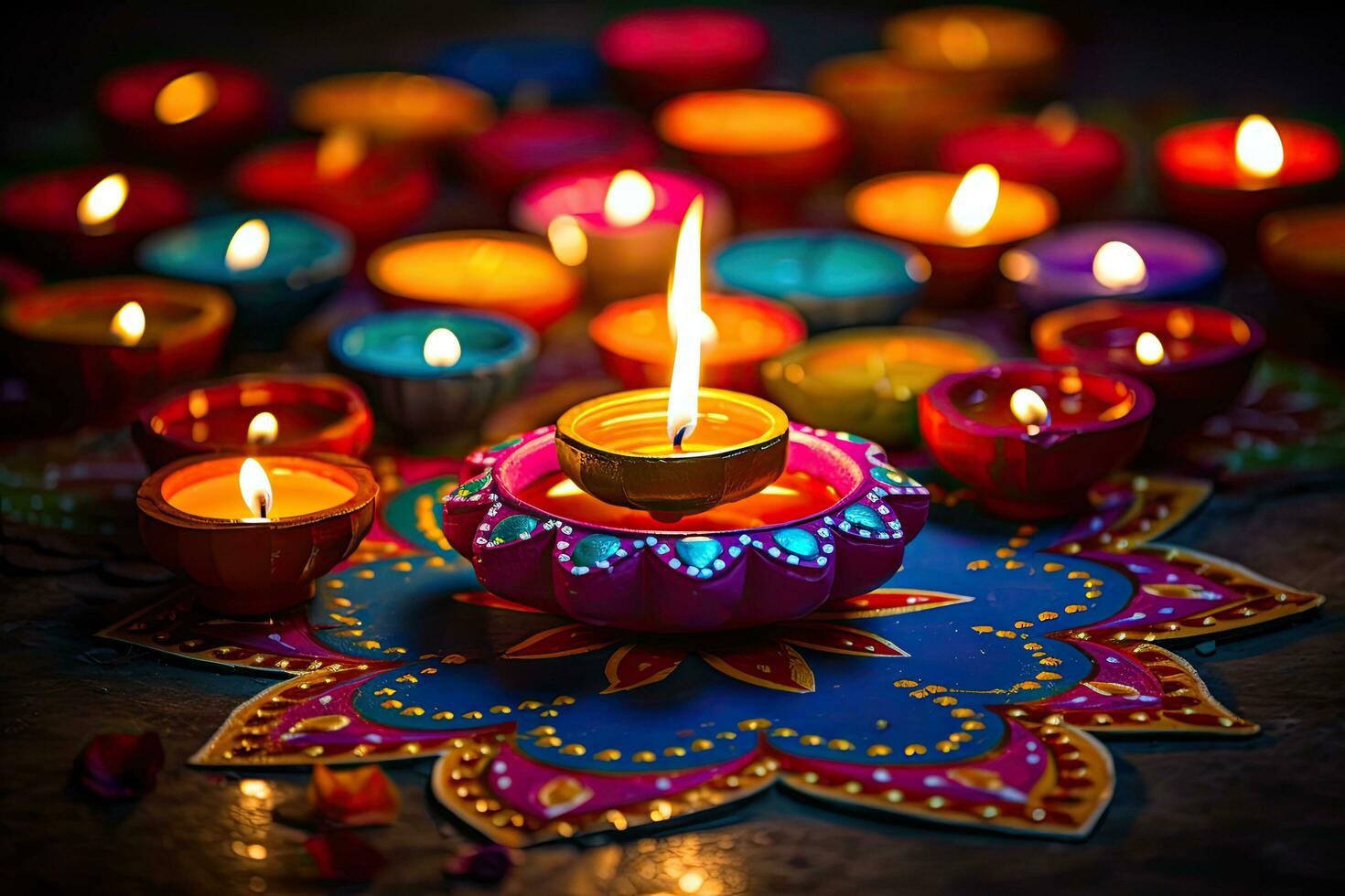 indisk festival diwali, diya olja lampor belyst på färgrik rangoli. hindu traditionell, indisk festival diwali, diwali olja lampor belyst på färgrik rangoli. hindu traditionell, ai genererad foto