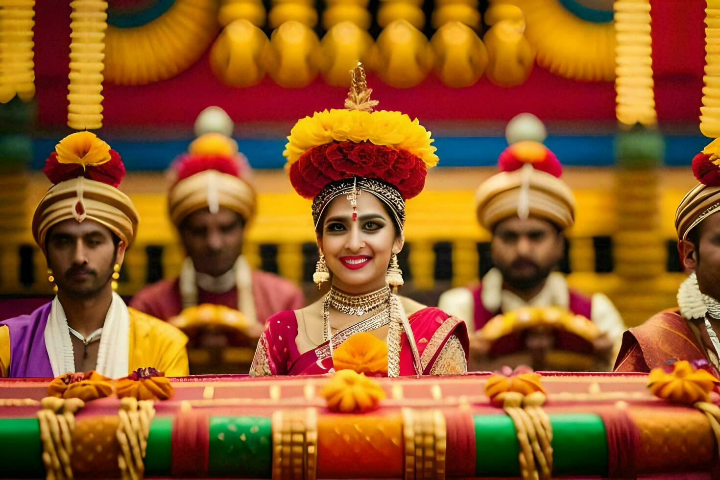 en brud i traditionell indisk klädsel med henne brudgum. ai-genererad foto