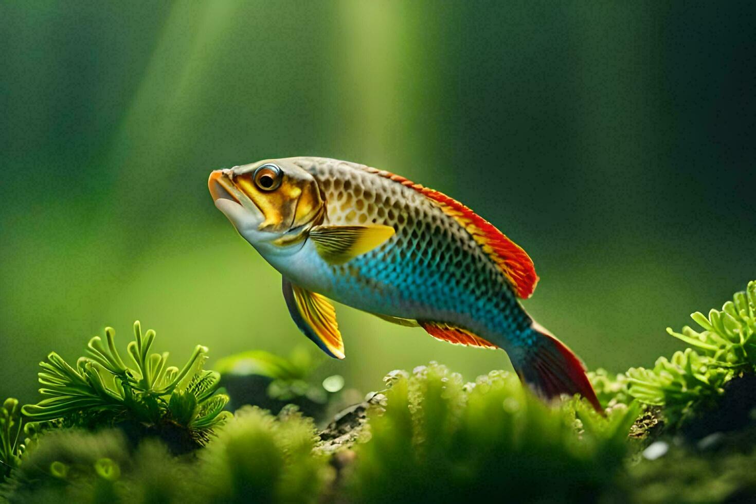 en fisk är stående på topp av en grön växt. ai-genererad foto