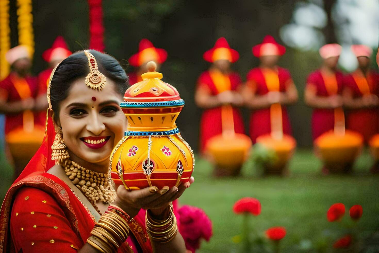 en kvinna i traditionell indisk klädsel innehav en pott. ai-genererad foto