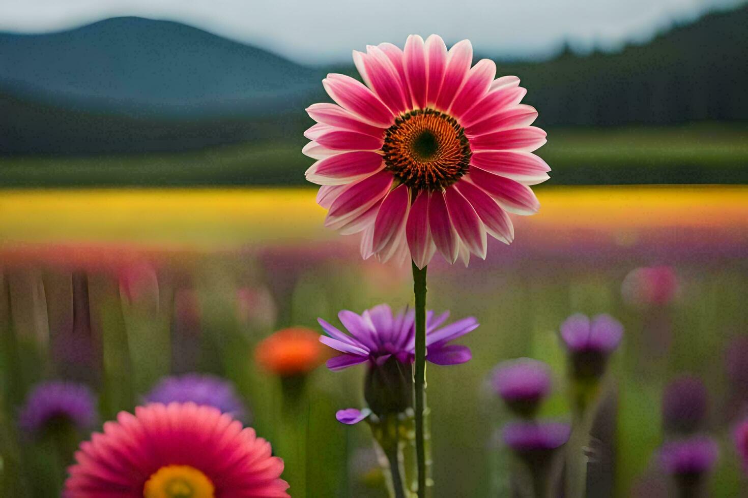 en rosa blomma står ut i en fält av lila och gul blommor. ai-genererad foto