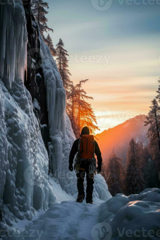 frysta ensamhet orädd klättrare navigerar lugn än förrädisk isig vattenfall foto