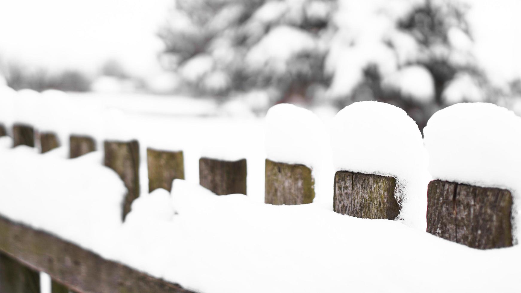 trästaket grind täckt med vit snö vid kraftigt snöande snöstorm foto