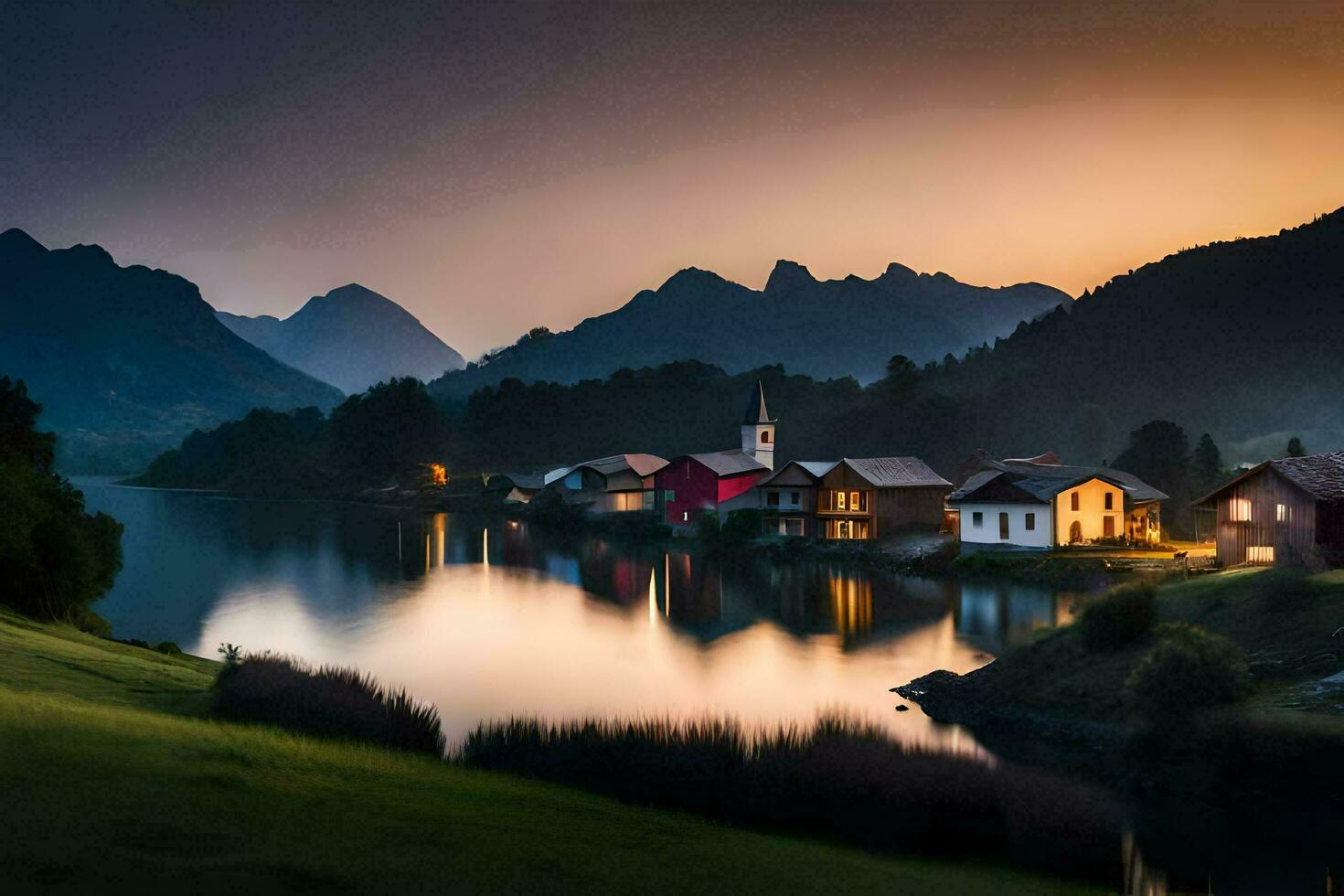 Foto tapet de himmel, berg, sjö, hus, solnedgång, de berg, de sjö,. ai-genererad