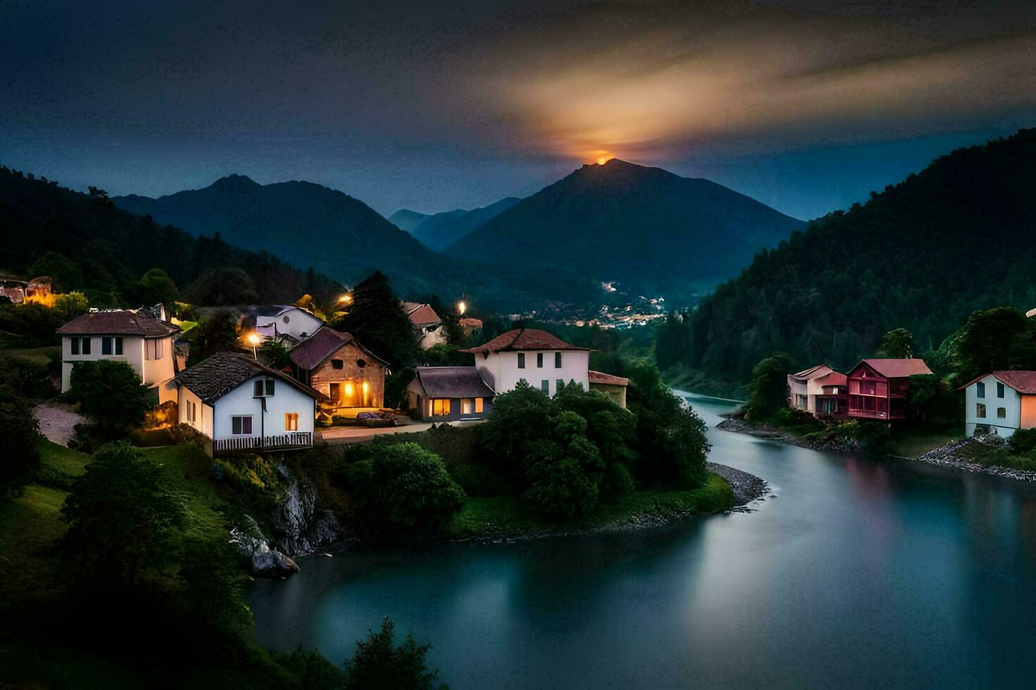 en flod och hus i de bergen på natt. ai-genererad foto