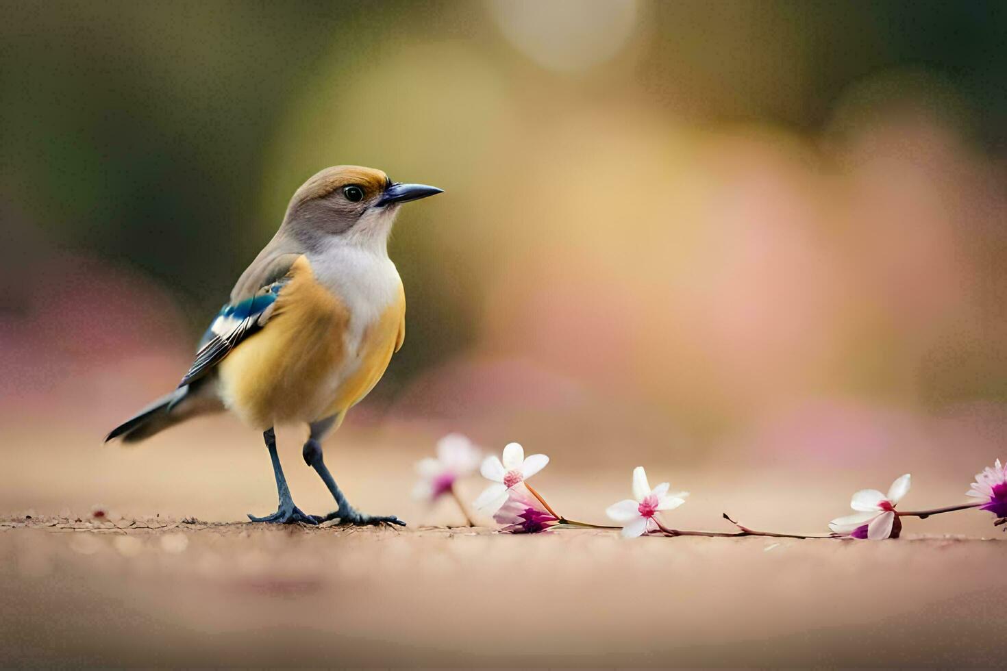 en fågel är stående på de jord med blommor. ai-genererad foto