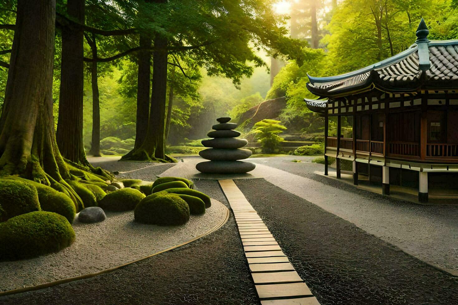 en japansk trädgård med en pagod och rocks. ai-genererad foto
