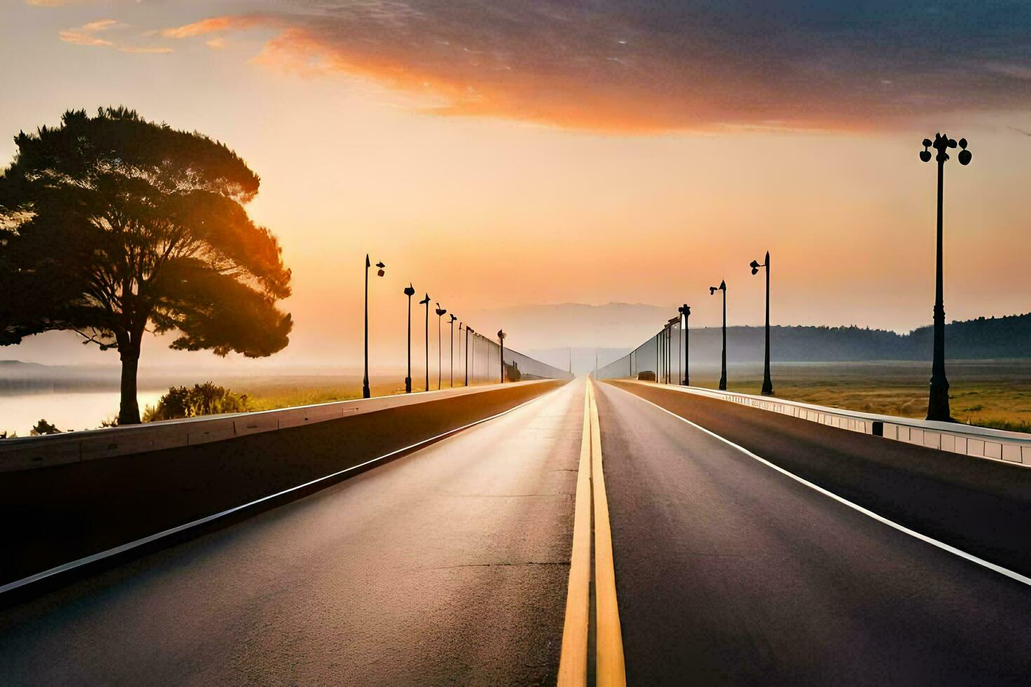 en lång motorväg med en solnedgång i de bakgrund. ai-genererad foto