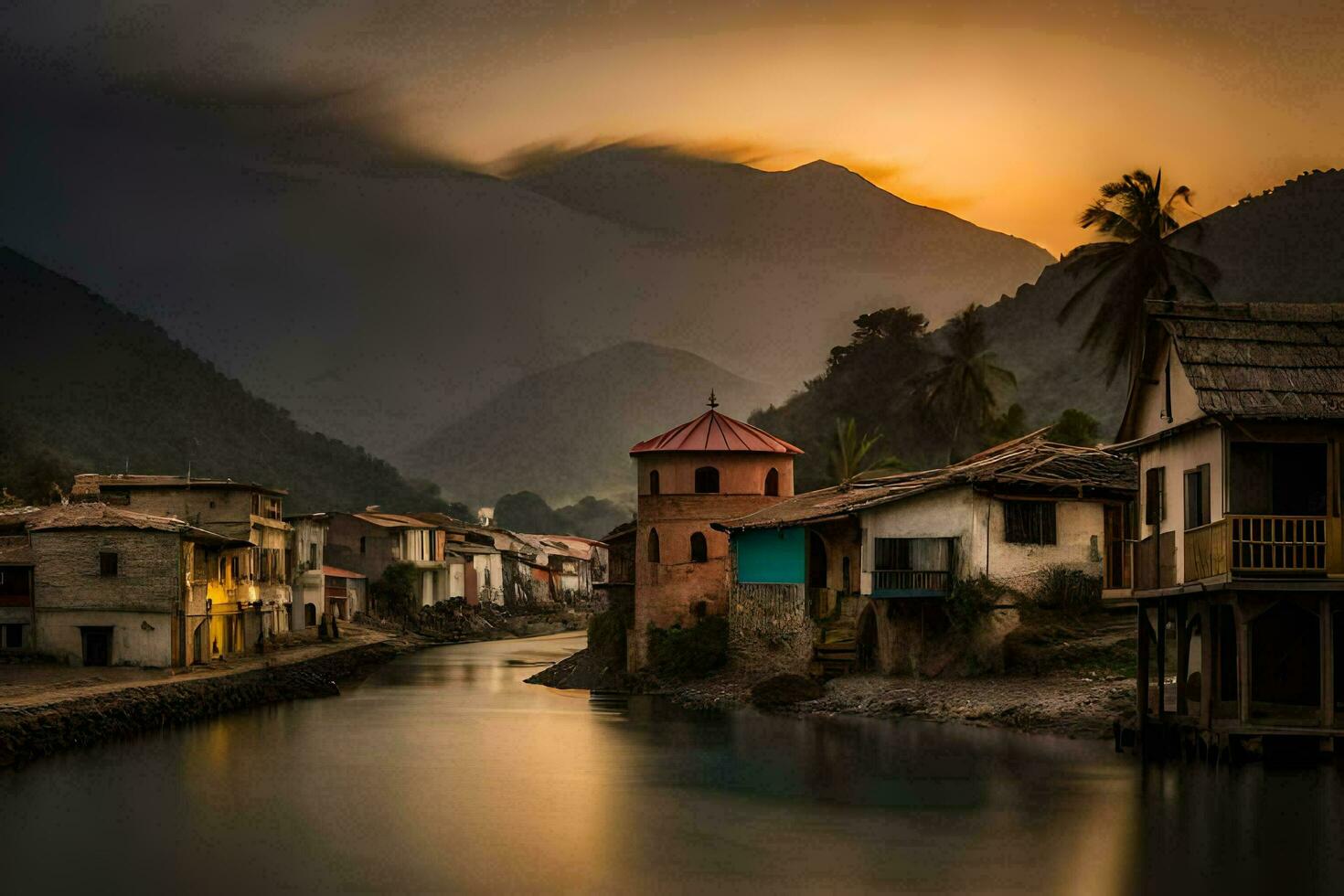 en flod kör genom en by på solnedgång. ai-genererad foto