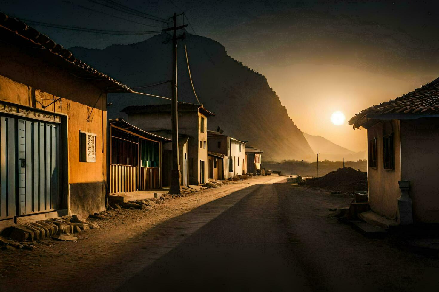 en gata i de bergen på solnedgång. ai-genererad foto