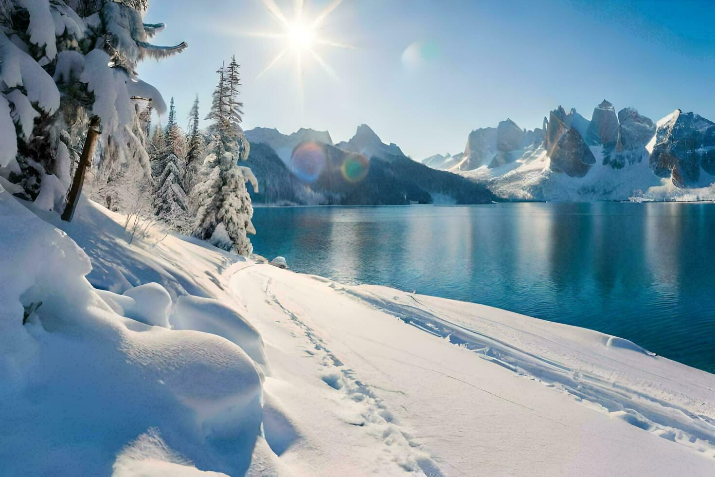 snö täckt träd och bergen i de vinter. ai-genererad foto