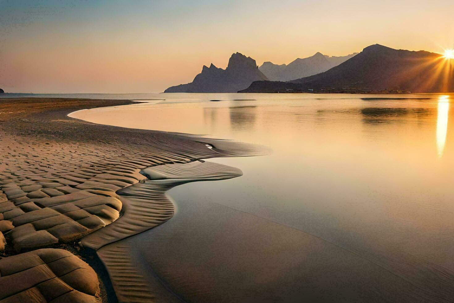 de Sol stiger över en strand och berg. ai-genererad foto