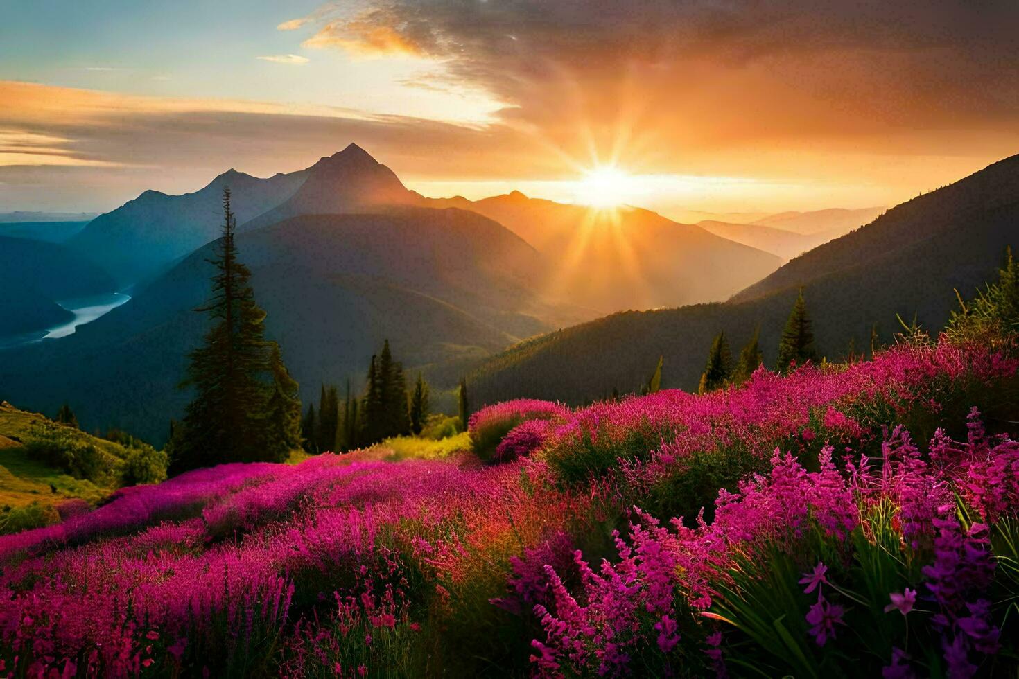 de Sol stiger över de bergen och blommor i de förgrund. ai-genererad foto