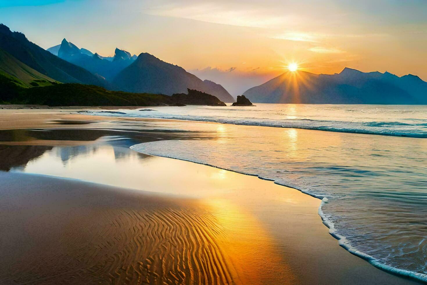 de Sol stiger över en strand och berg. ai-genererad foto