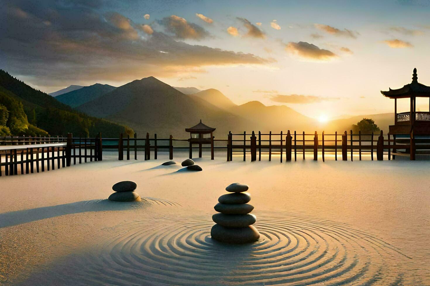 de Sol uppsättningar över en sjö med stenar och en paviljong. ai-genererad foto