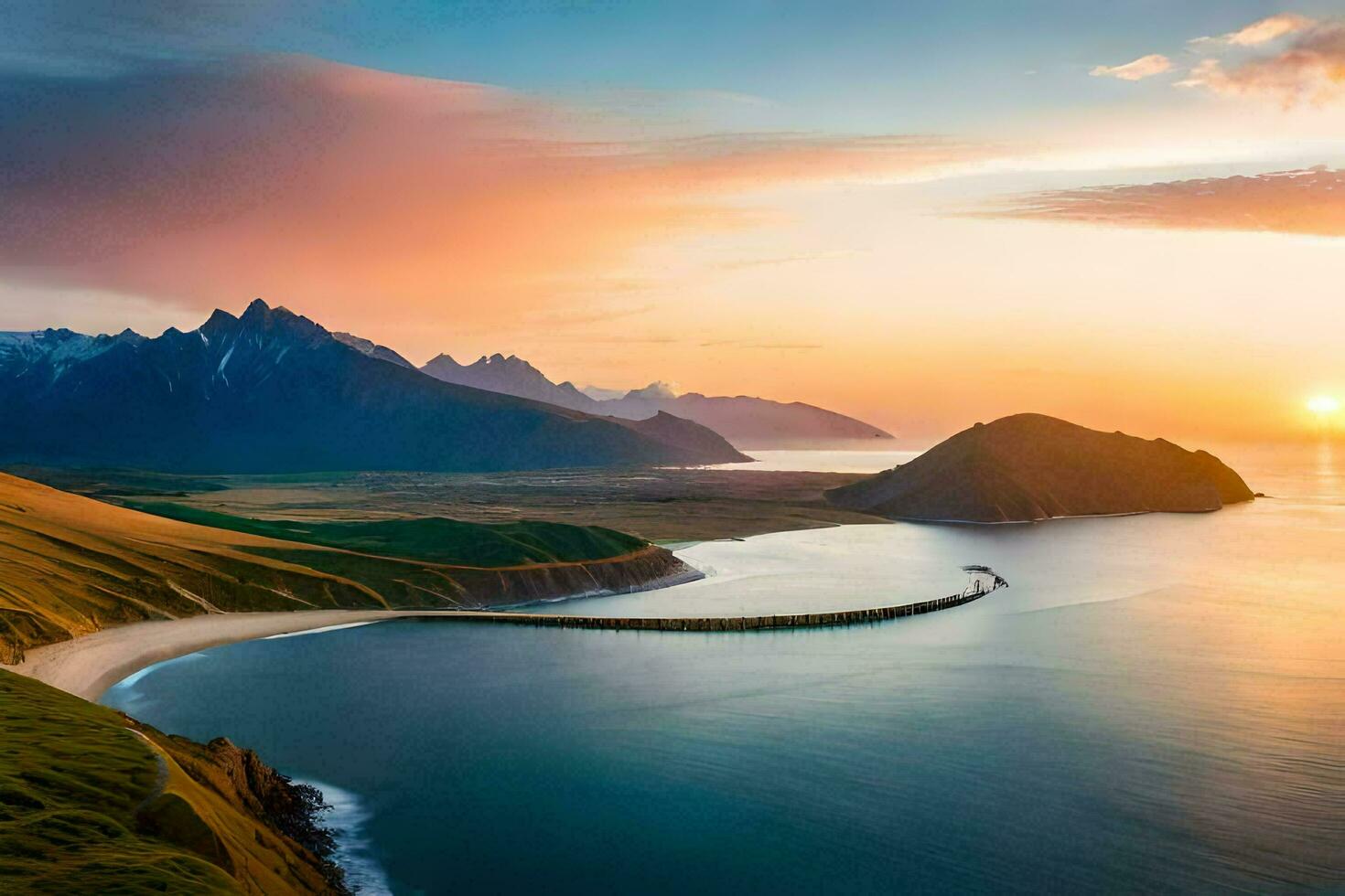 de Sol uppsättningar över en kropp av vatten och berg. ai-genererad foto