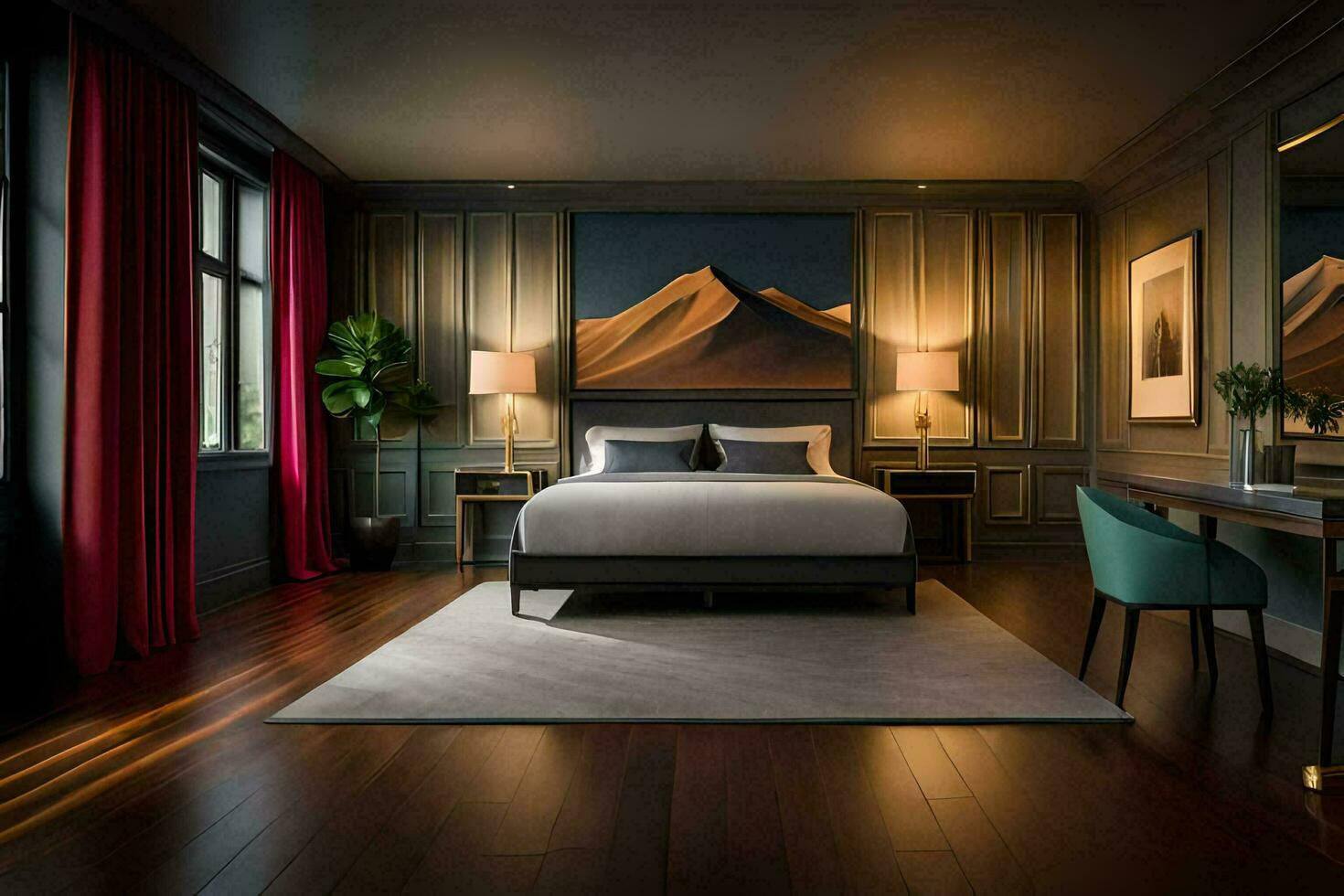 en sovrum med en stor säng och en målning på de vägg. ai-genererad foto