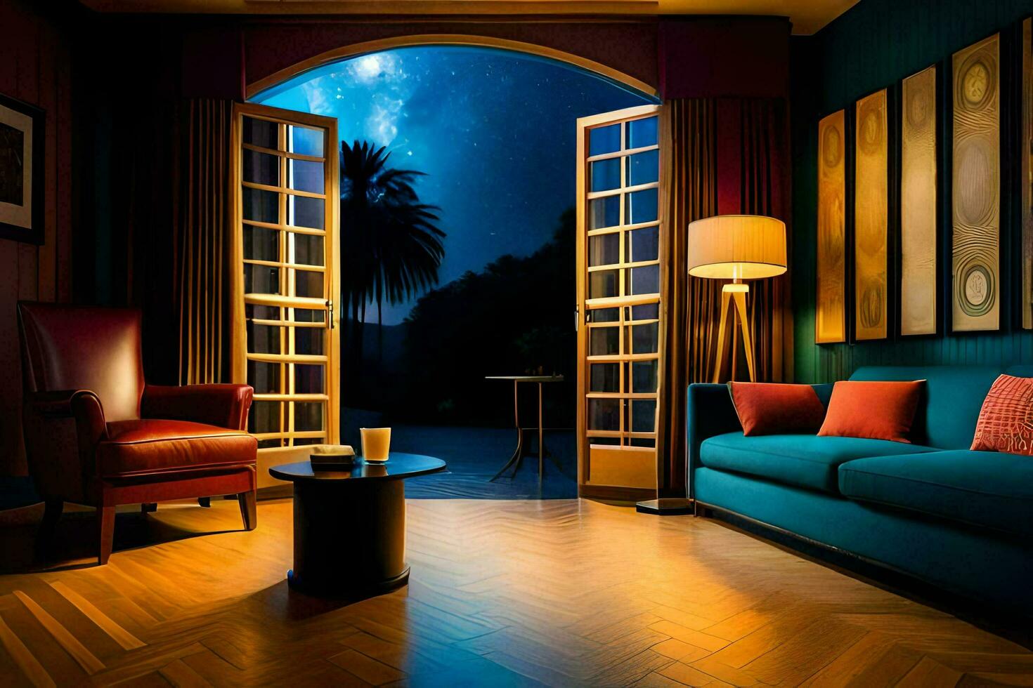 en levande rum med blå möbel och en se av de natt himmel. ai-genererad foto