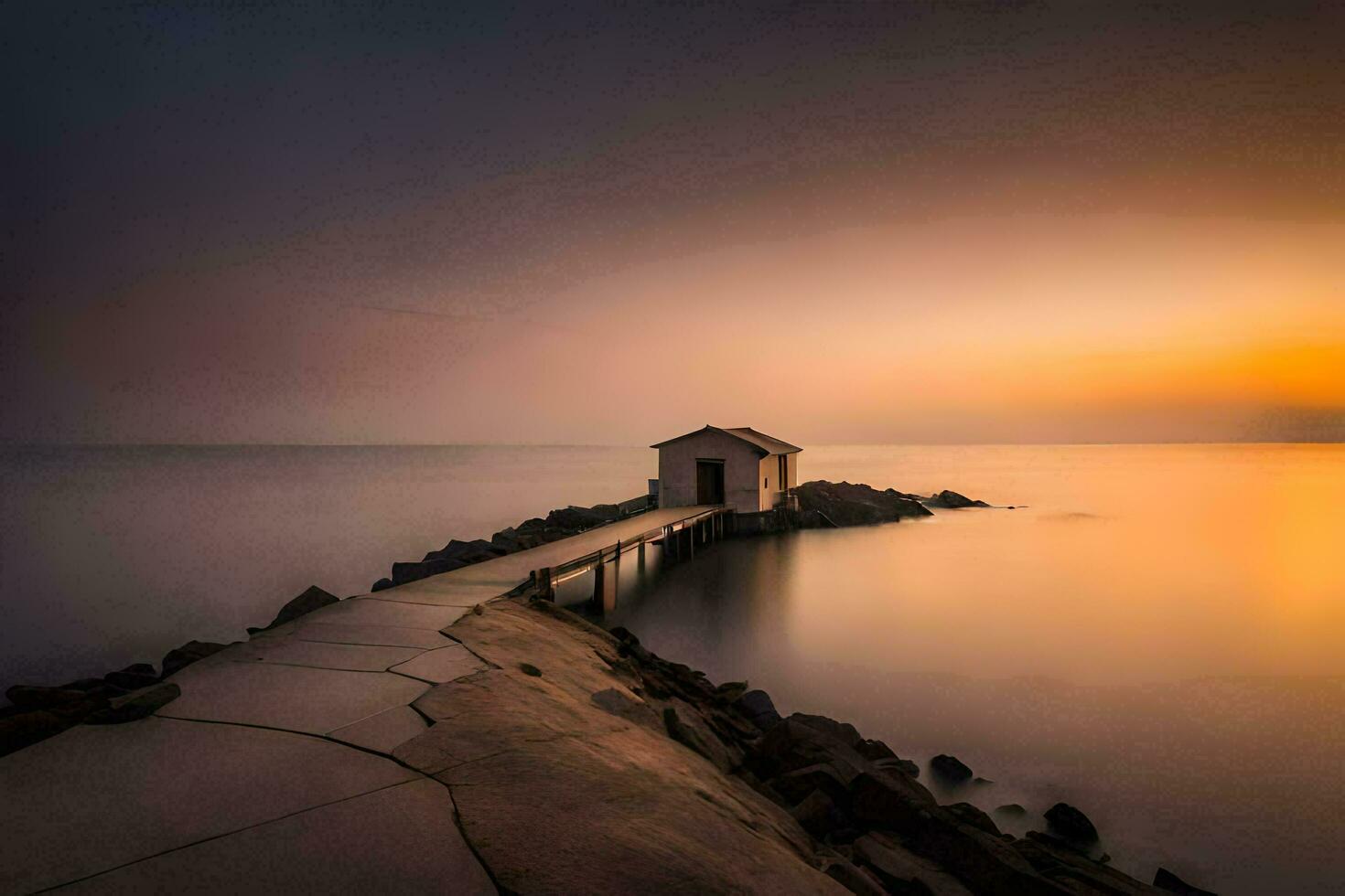 en lång exponering fotografera av en små hus på de Strand av de hav. ai-genererad foto