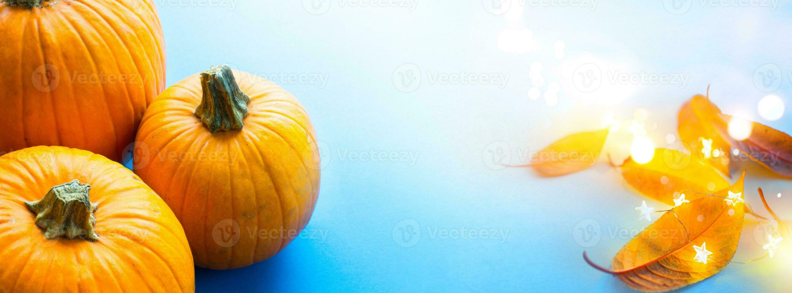 tacksägelse Semester fest baner eller hälsning kort bakgrund med höst pumpa och höst löv på blå bakgrund foto