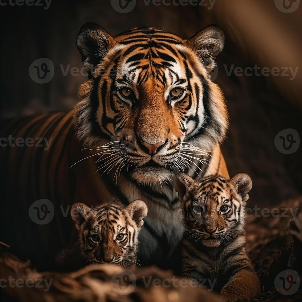 stänga upp detaljerad porträtt av mor och barn tiger familj djur, generativ ai foto