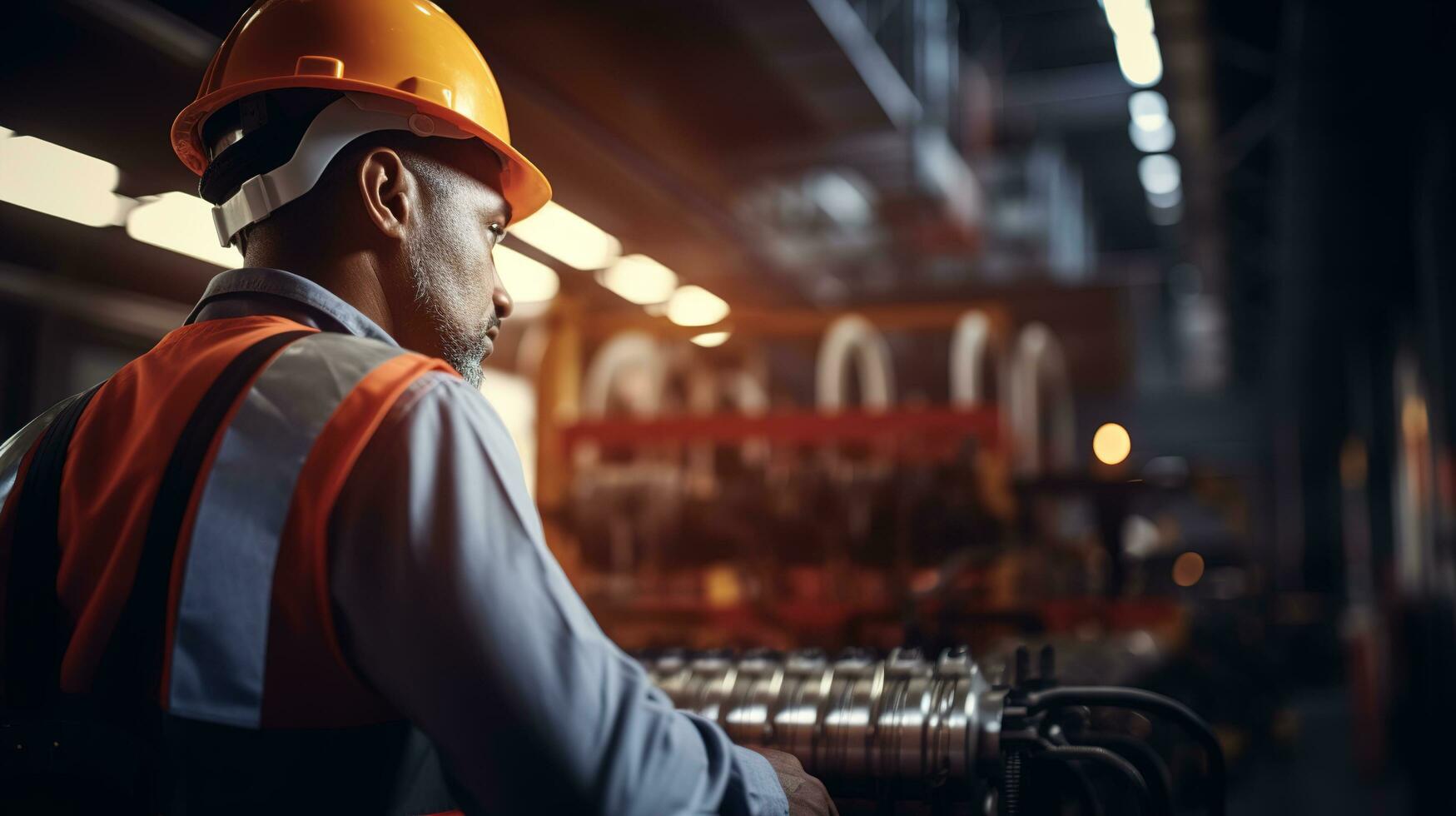 en man i ett orange väst och hård hatt stående i främre av en fabrik. ai generativ foto