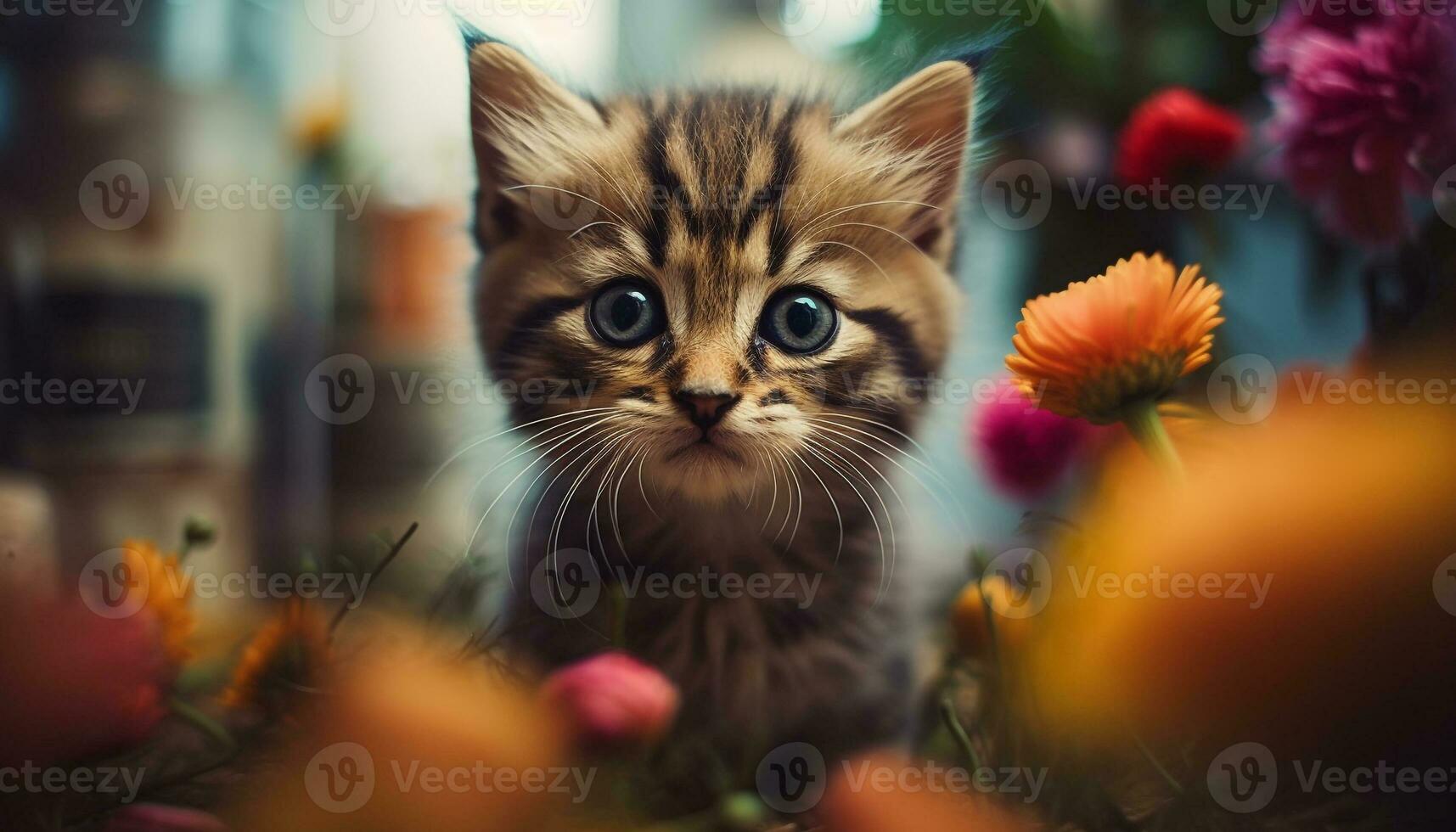 söt kattunge Sammanträde i gräs, ser på kamera, lekfull och nyfiken genererad förbi ai foto