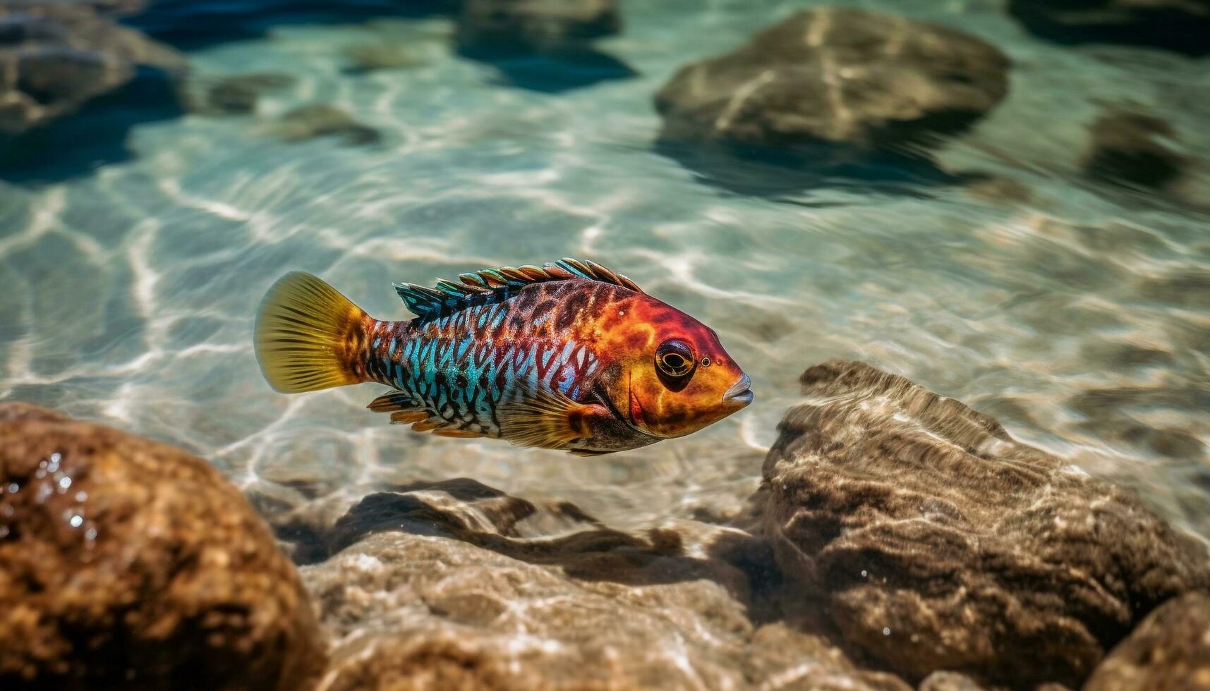 de färgrik fisk simma graciöst i de tropisk under vattnet paradis genererad förbi ai foto