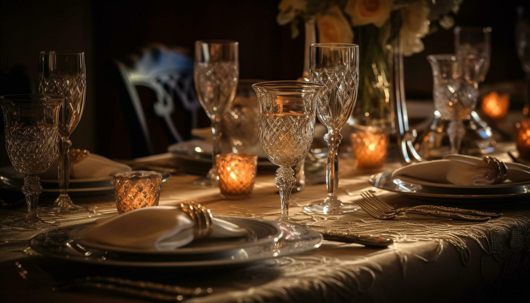 lyx tabell dekoration med elegant glas, bestick, och kristall vinglas genererad förbi ai foto