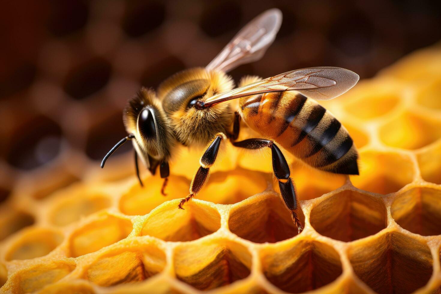 honung bi på en vaxkaka. makro skott med grund djup av fält, makro skott av en bi på honungskakor. makro fotografi, ai genererad foto