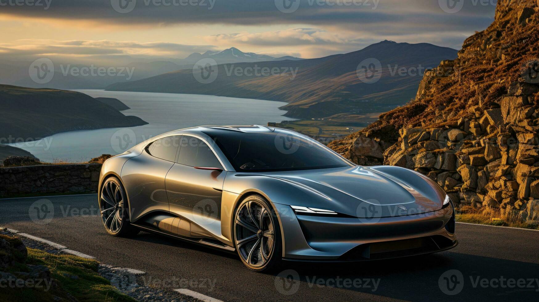 en modern skön modern snabb elektrisk bil med en trogen design, ett miljövänlig sporter bil med oro för de miljö foto