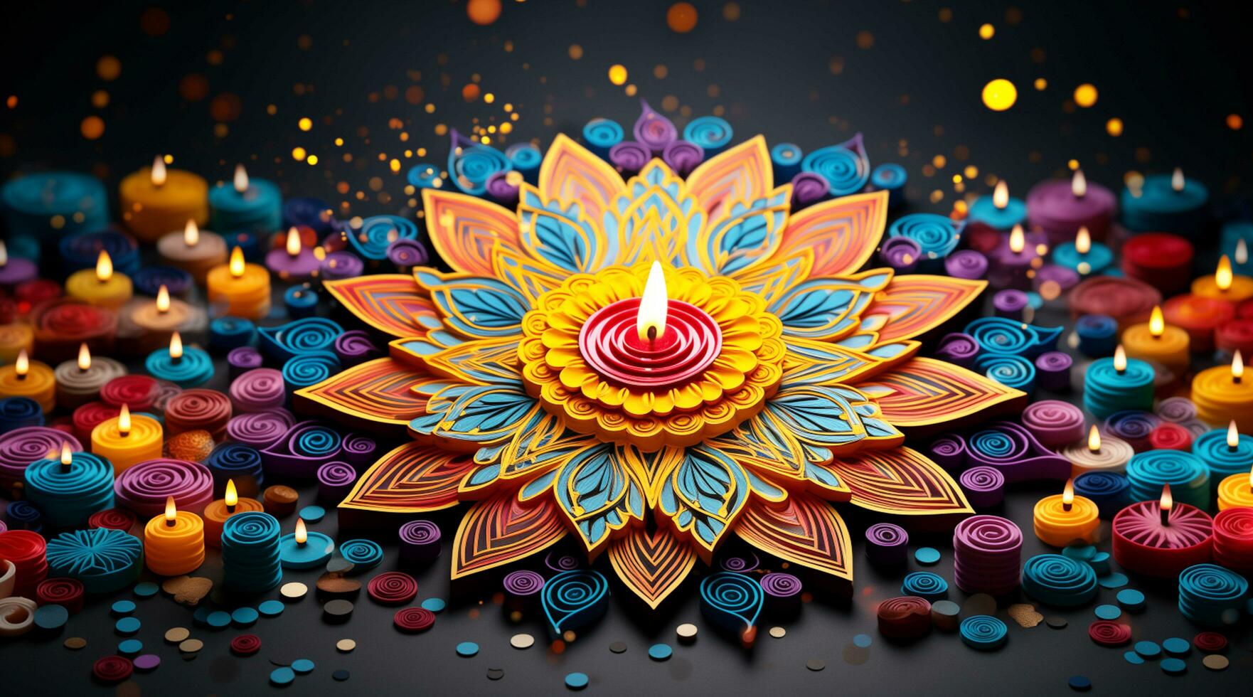 färgrik diwali mandala med ljus och konfetti foto