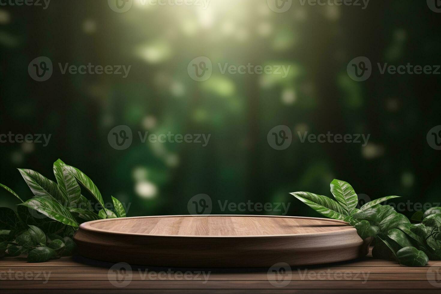 trä piedestal podium med blad i bakgrund för produkt presentation generativ förbi ai foto