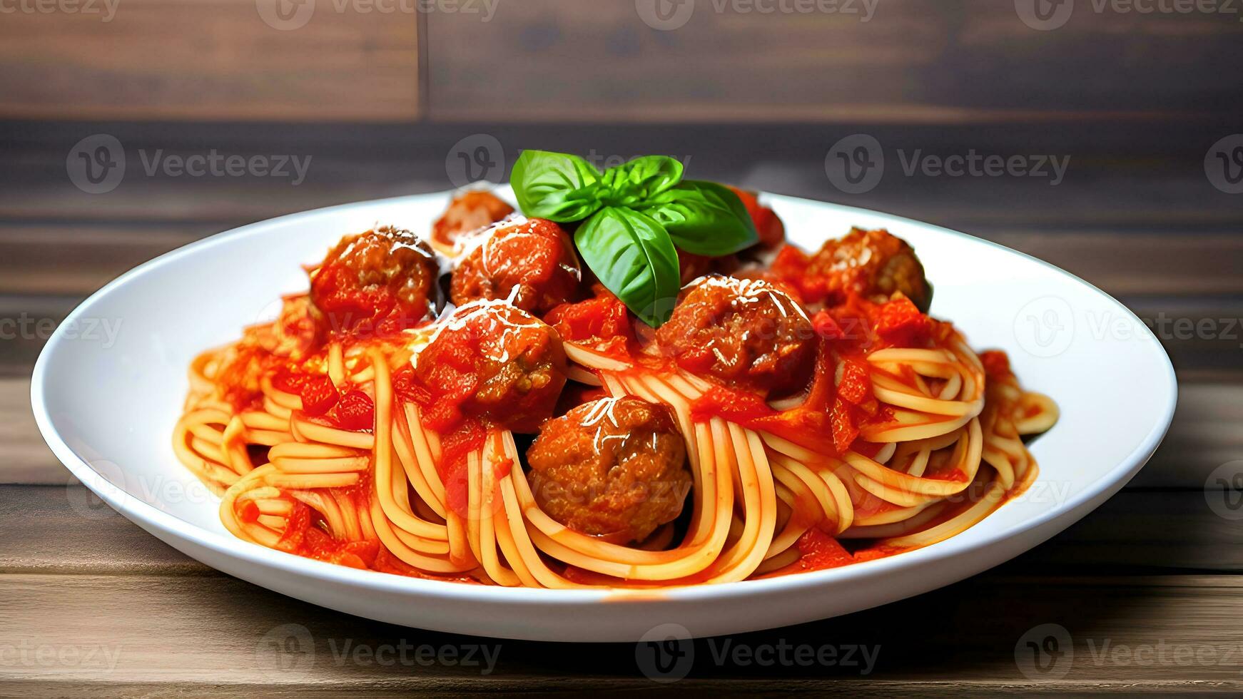 spaghetti med köttbullar och tomat sås i tallrik på trä- tabell. ai generativ foto