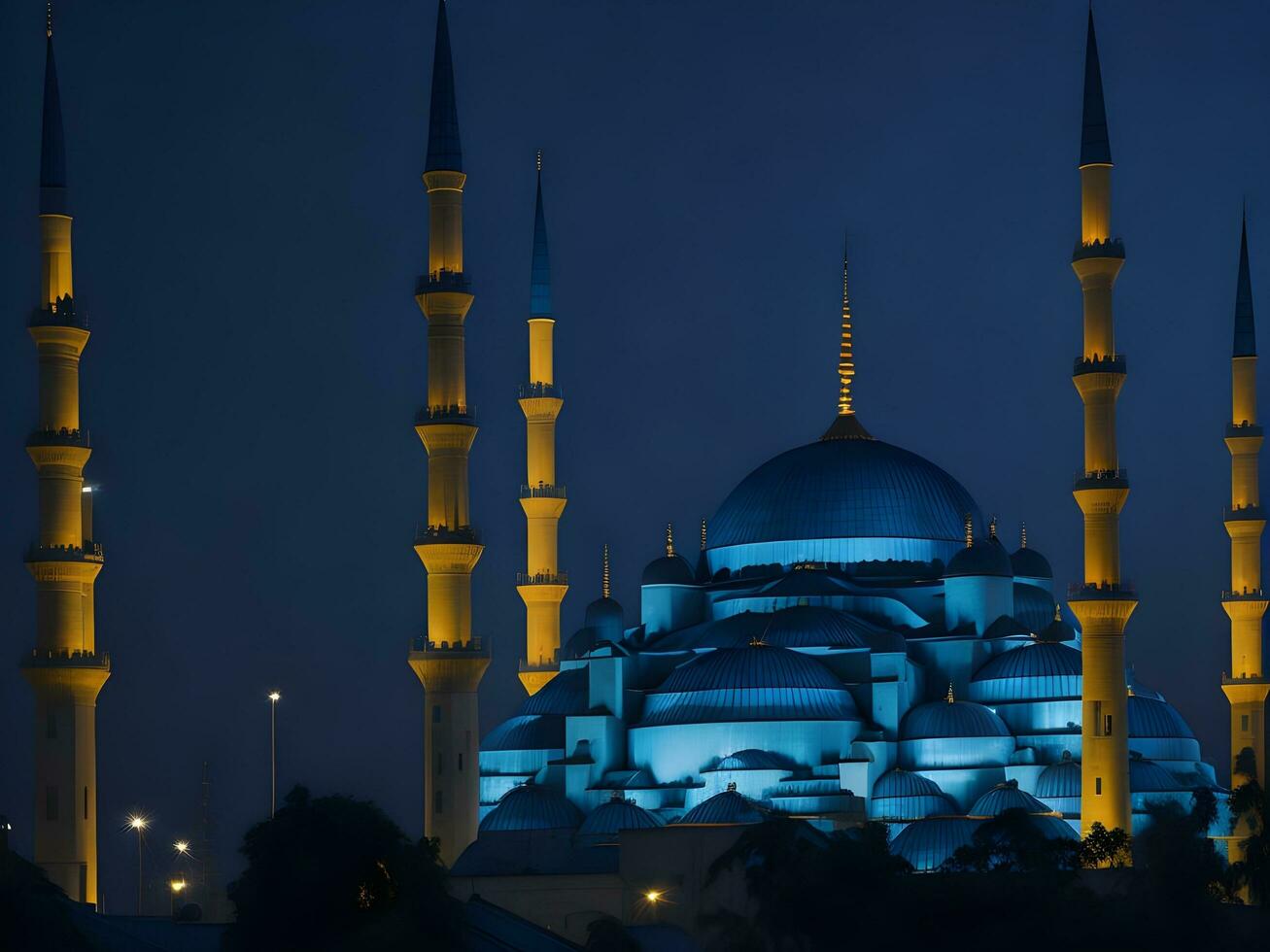 de fascinerande syn av de blå moskéer minaret upplyst mot de kväll himmel ai generera foto