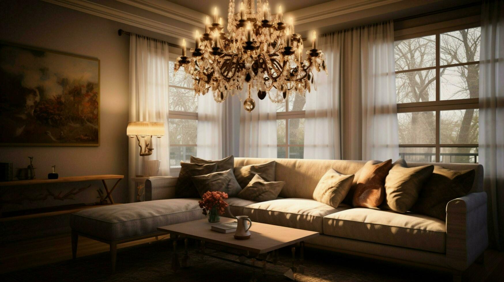 en levande rum med en kristallkrona och en soffa med en siffra foto