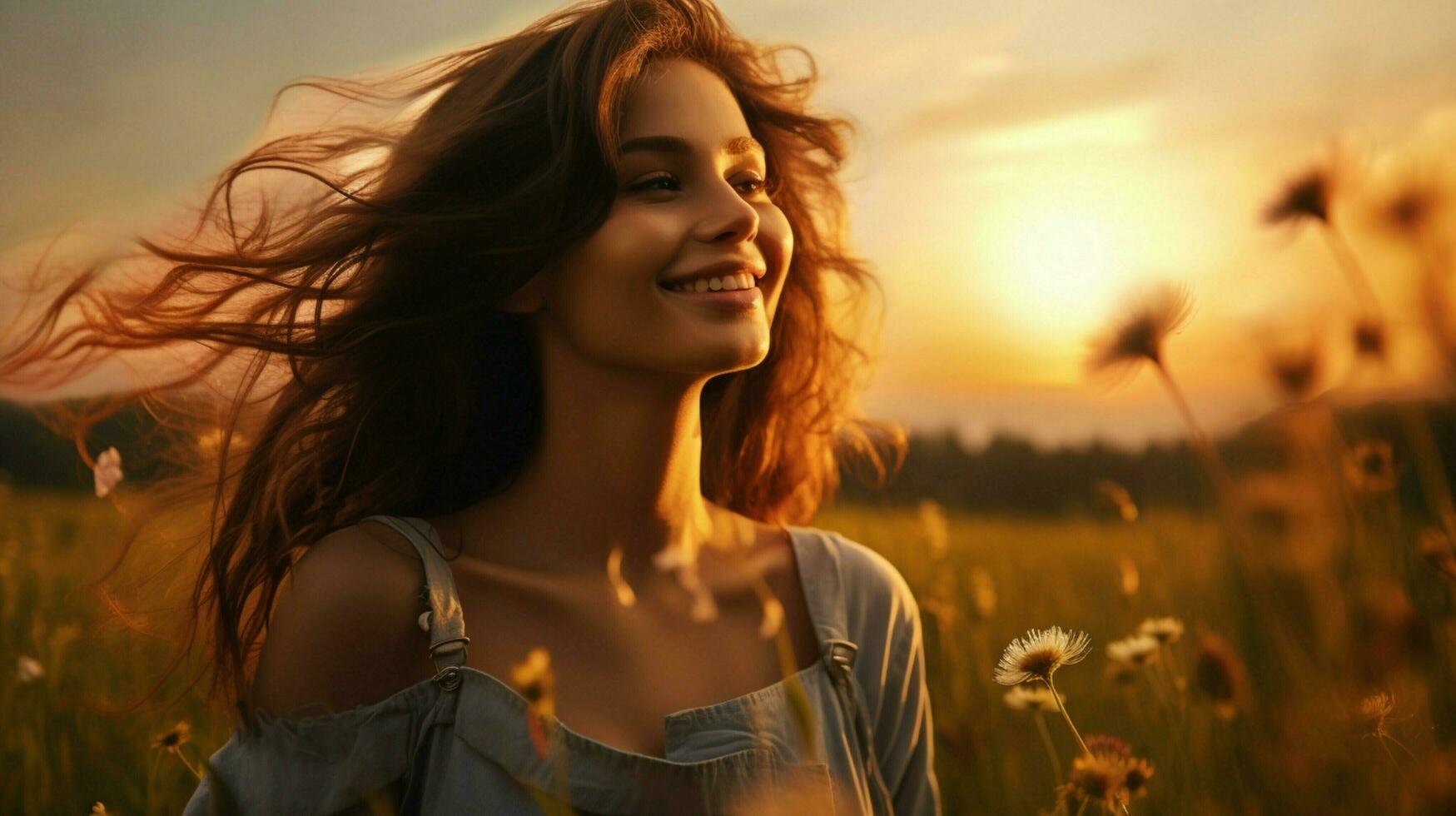en ung kvinna i en äng leende njuter de solnedgång foto