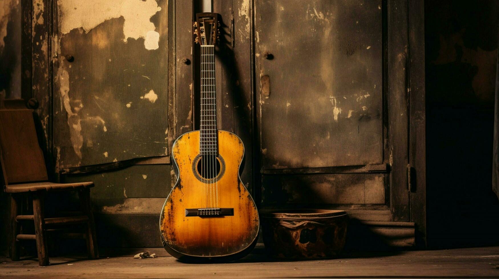 antik akustisk gitarr på trä- tabell spelar klassisk foto