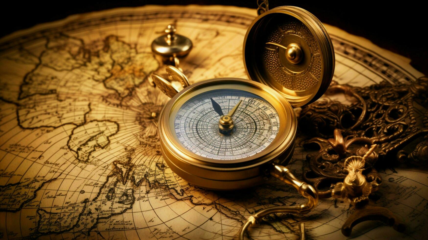 antik kompass Karta och gåspenna penna skatt foto