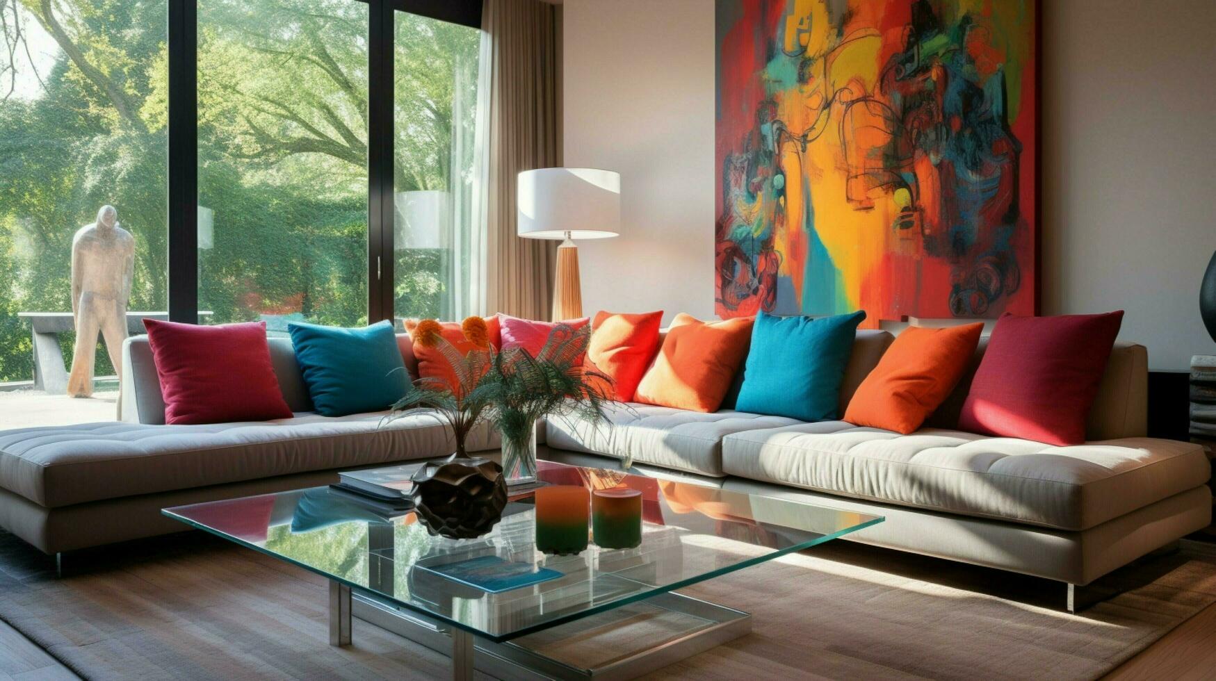 bekväm modern levande rum med vibrerande naturlig Färg foto